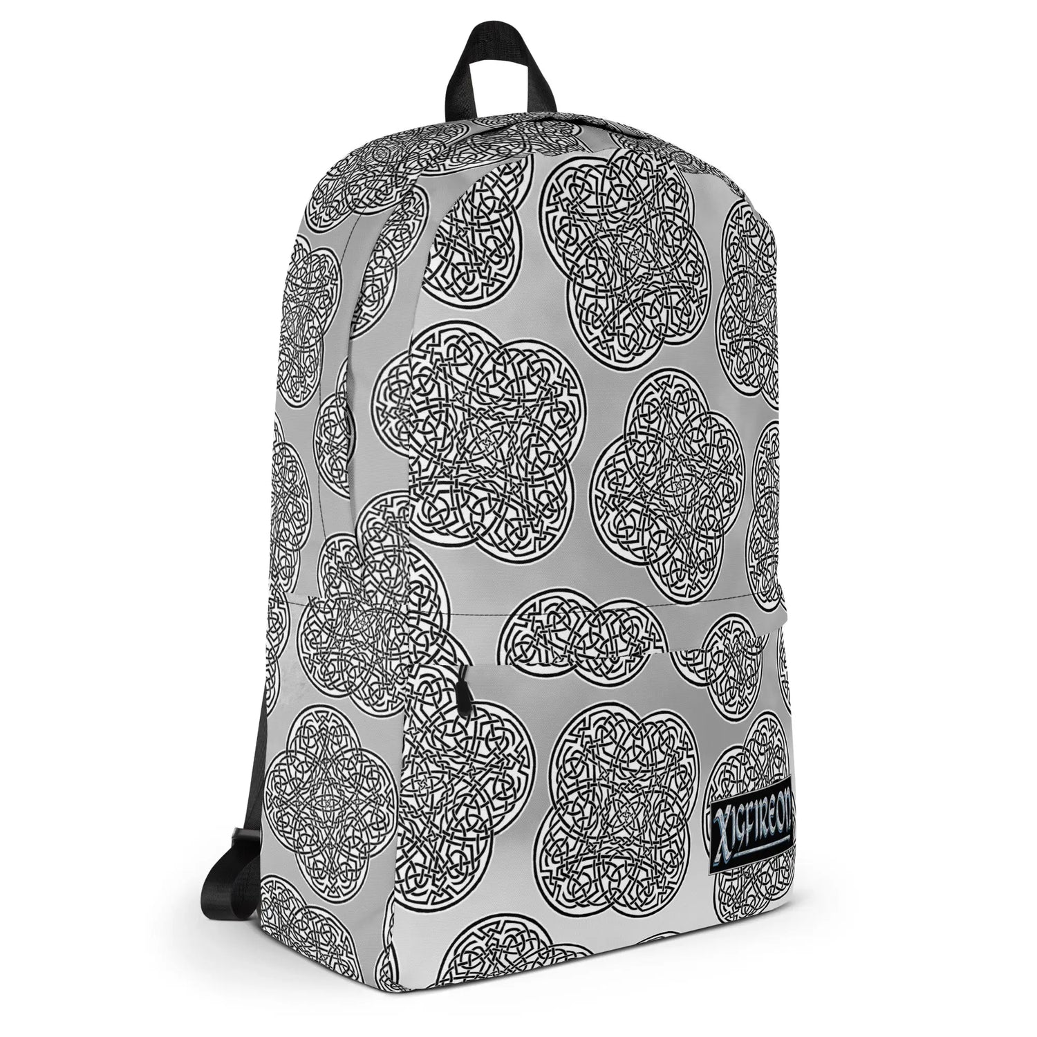 A Xigfireon backpack featuring the Black & White Solid Forest Inverted iteration of the `Reach Of The Spirit` Celtic knot pattern. The `Reach Of The Spirit` Celtic knot symbolizes Mother Earth.