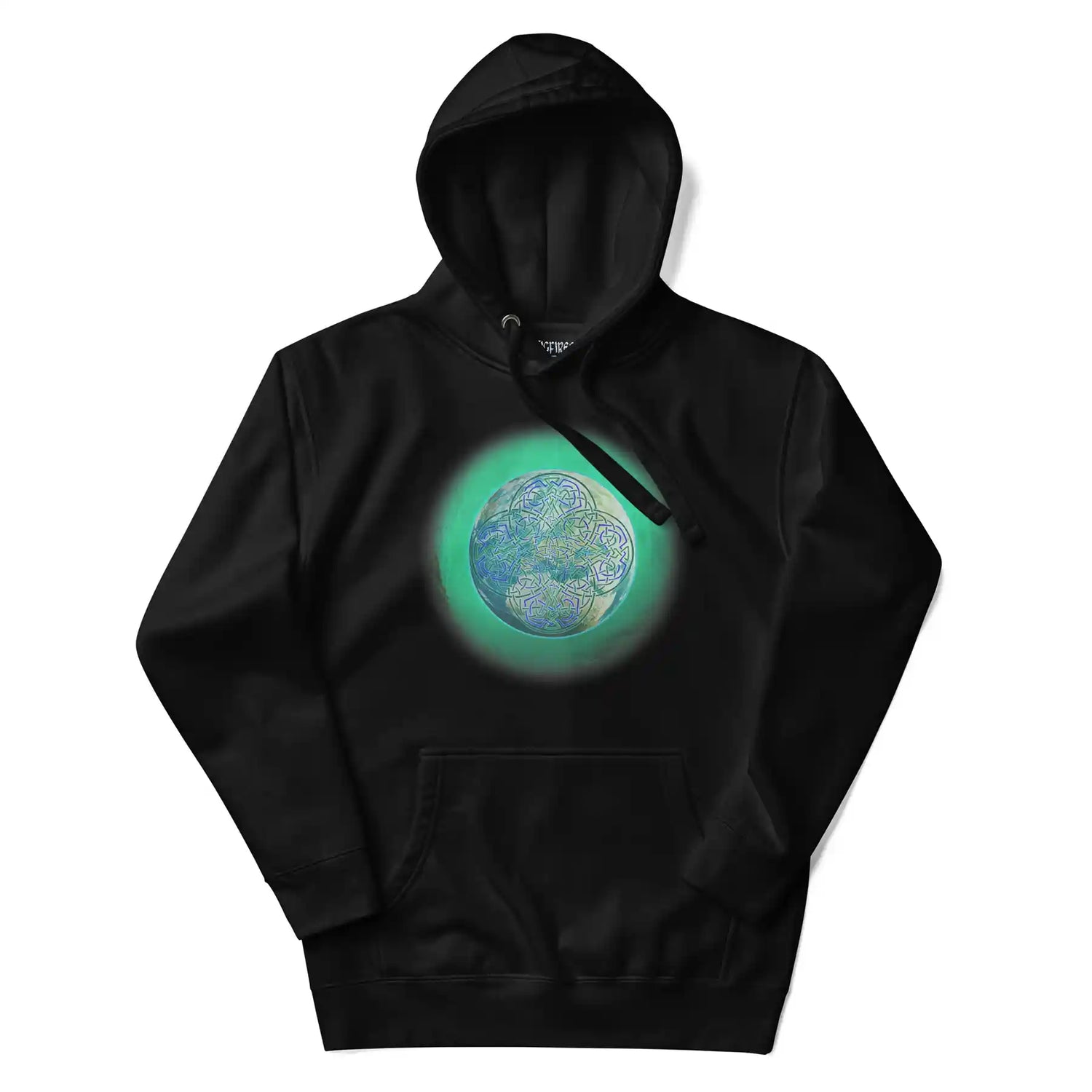 A black Xigfireon graphic hoodie featuring the Deep Forest iteration of the `Reach Of The Spirit` Celtic knot design.