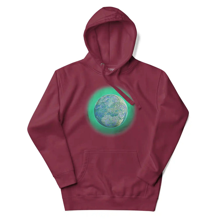 A maroon Xigfireon graphic hoodie featuring the Deep Forest iteration of the `Reach Of The Spirit` Celtic knot design.