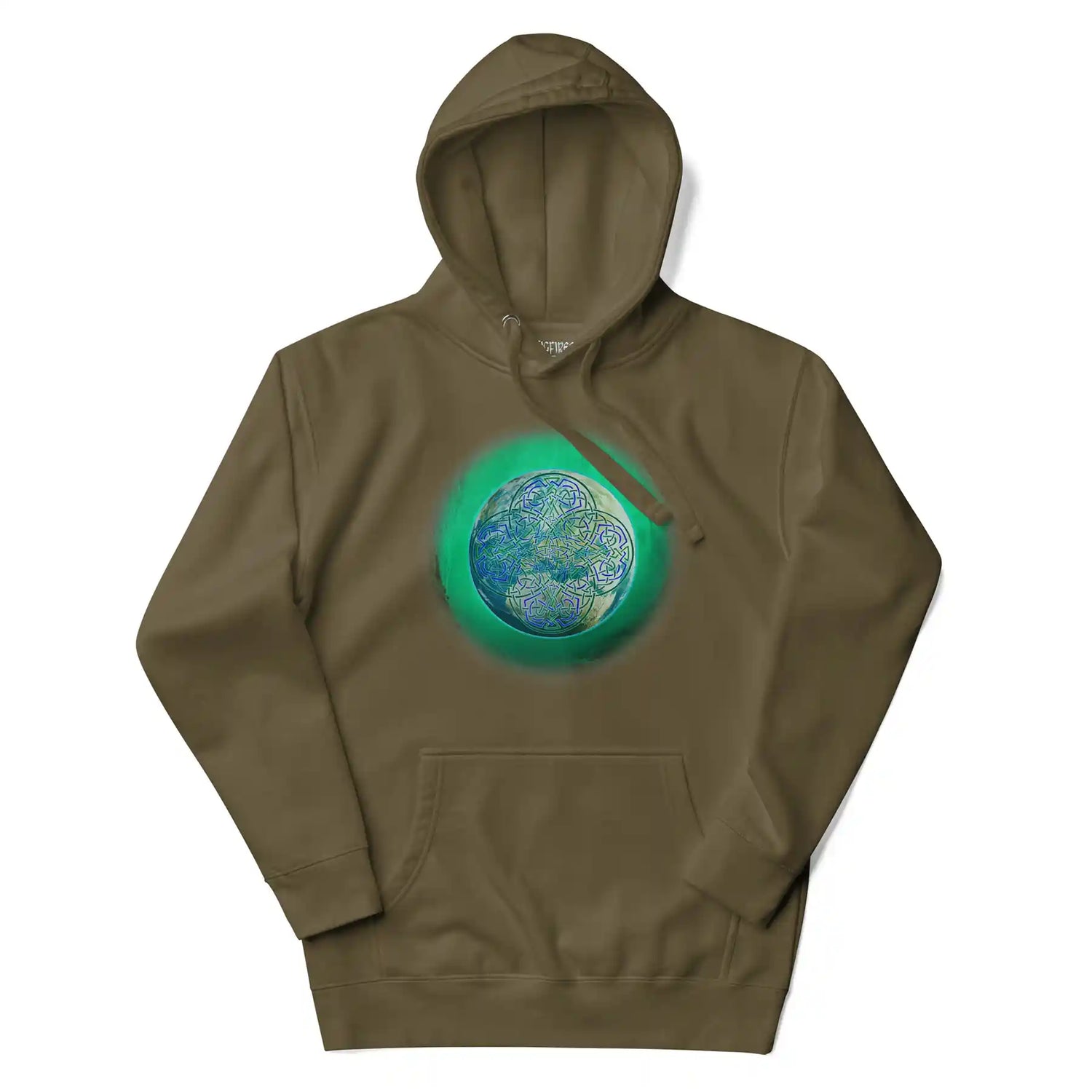 A military green Xigfireon graphic hoodie featuring the Deep Forest iteration of the `Reach Of The Spirit` Celtic knot design.