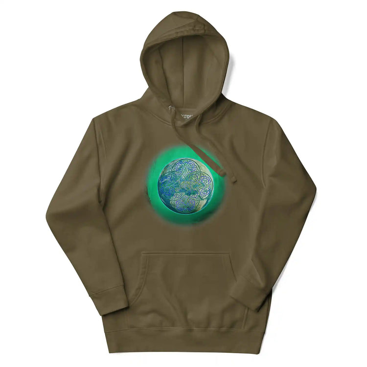 A military green Xigfireon graphic hoodie featuring the Deep Forest iteration of the `Reach Of The Spirit` Celtic knot design.