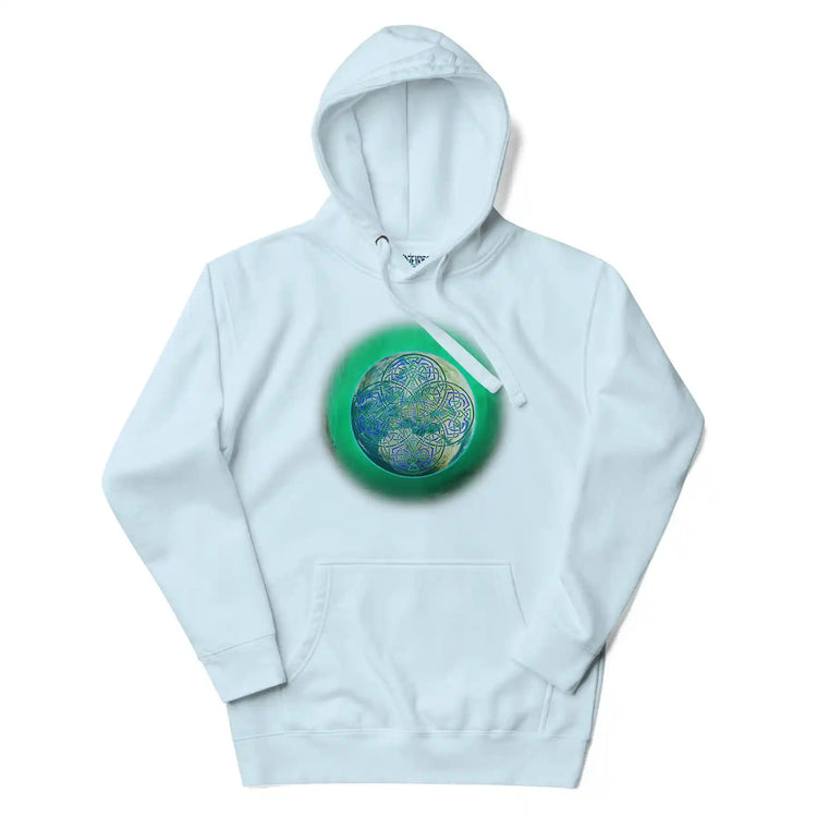 A sky blue Xigfireon graphic hoodie featuring the Deep Forest iteration of the `Reach Of The Spirit` Celtic knot design.