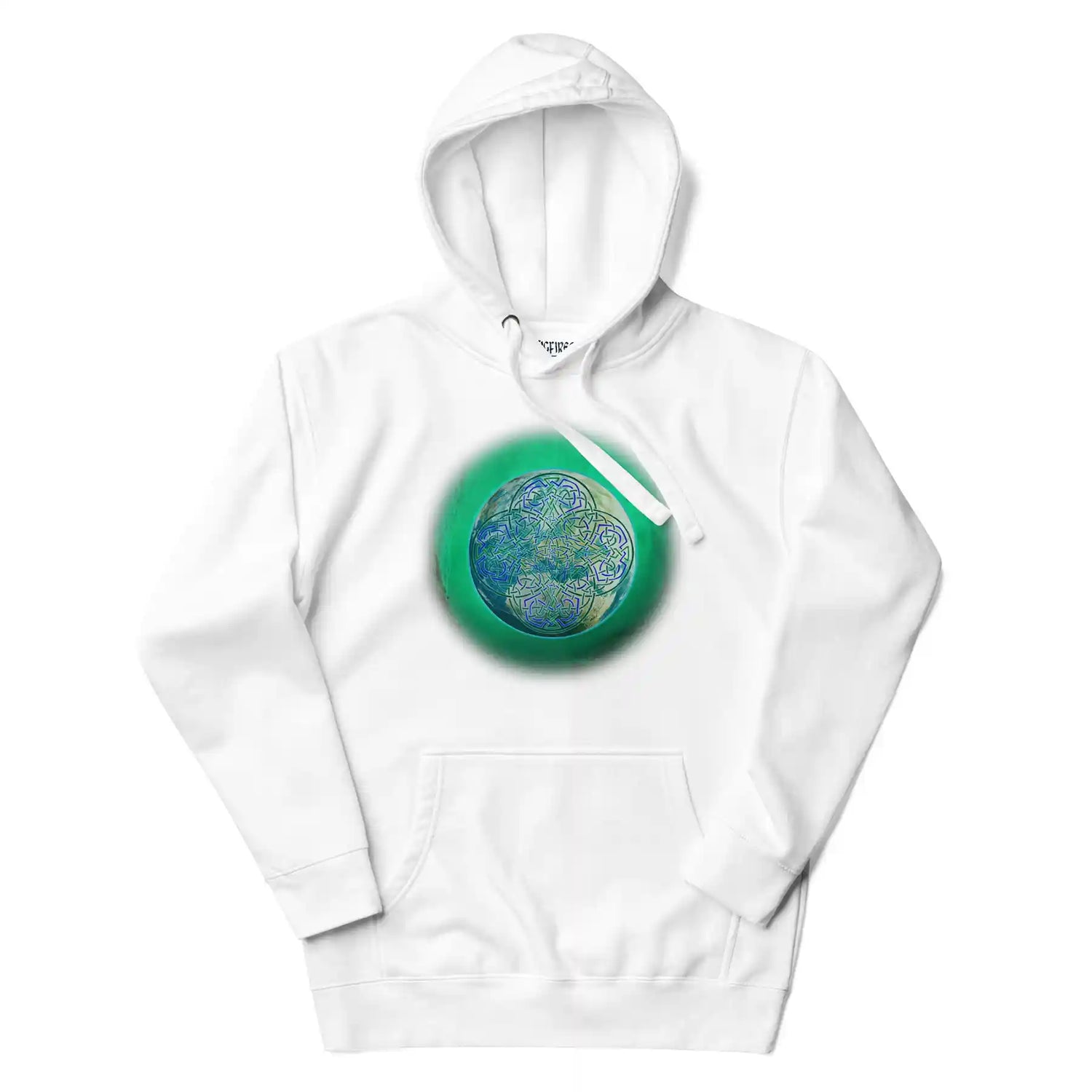 A white Xigfireon graphic hoodie featuring the Deep Forest iteration of the `Reach Of The Spirit` Celtic knot design.