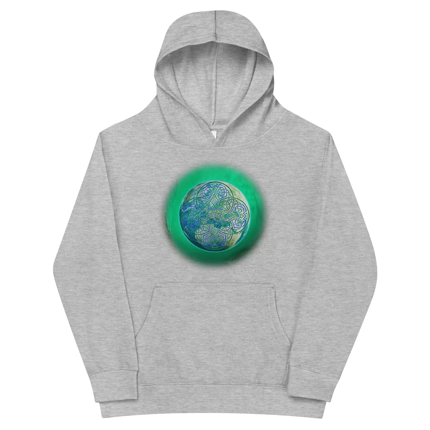 A kids athletic heather graphic hoodie featuring the Deep Forest iteration of the `Reach Of The Spirit` Celtic knot design.