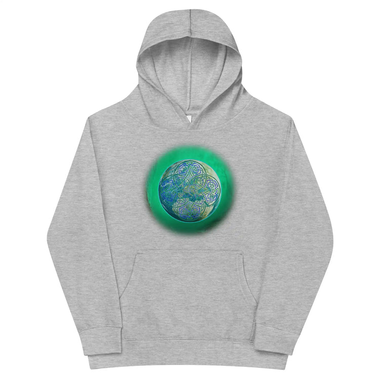 A kids athletic heather graphic hoodie featuring the Deep Forest iteration of the `Reach Of The Spirit` Celtic knot design.