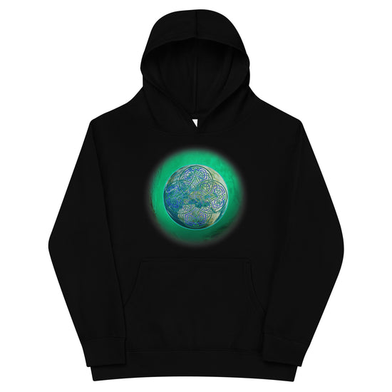 A kids black graphic hoodie featuring the Deep Forest iteration of the `Reach Of The Spirit` Celtic knot design.