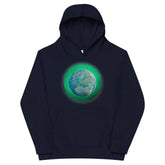 A kids navy blue graphic hoodie featuring the Deep Forest iteration of the `Reach Of The Spirit` Celtic knot design.