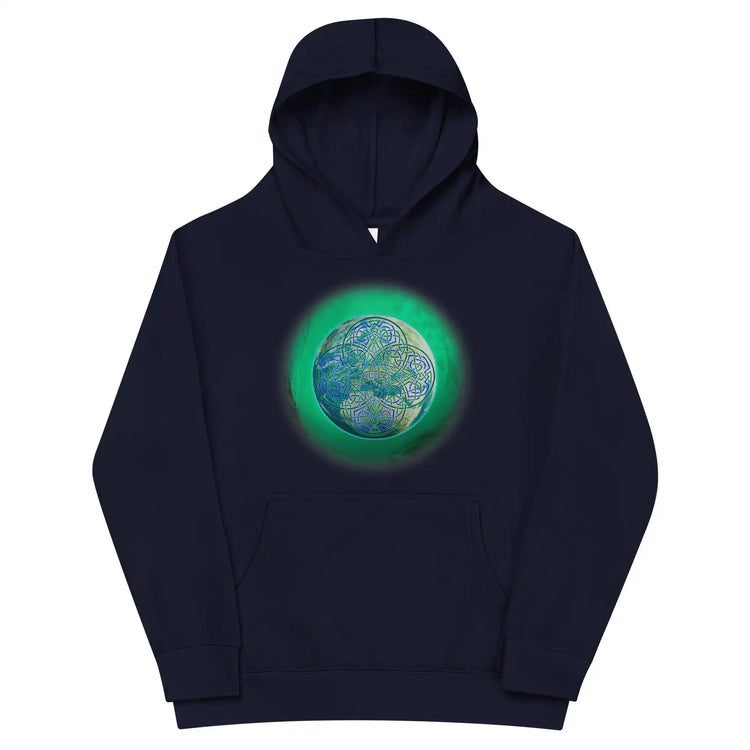 A kids navy blue graphic hoodie featuring the Deep Forest iteration of the `Reach Of The Spirit` Celtic knot design.