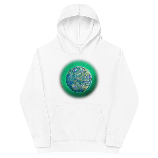 A kids white graphic hoodie featuring the Deep Forest iteration of the `Reach Of The Spirit` Celtic knot design.