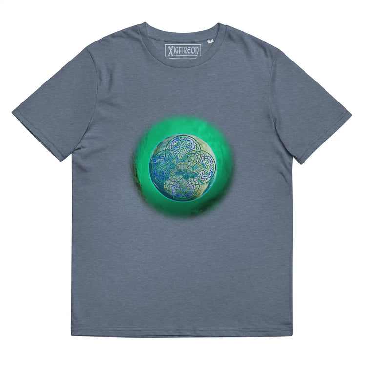 A dark heather blue Xigfireon graphic organic cotton t-shirt featuring the Deep Forest iteration of the `Reach Of The Spirit` Celtic knot design. The `Reach Of The Spirit` Celtic knot represents the glorious Earth.