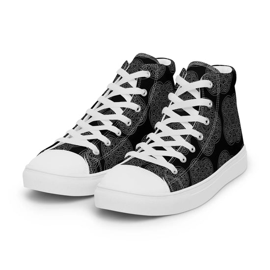 A pair of Xigfireon black canvas high tops featuring the Greyscale iteration of the `Reach Of The Spirit` Celtic knot pattern.