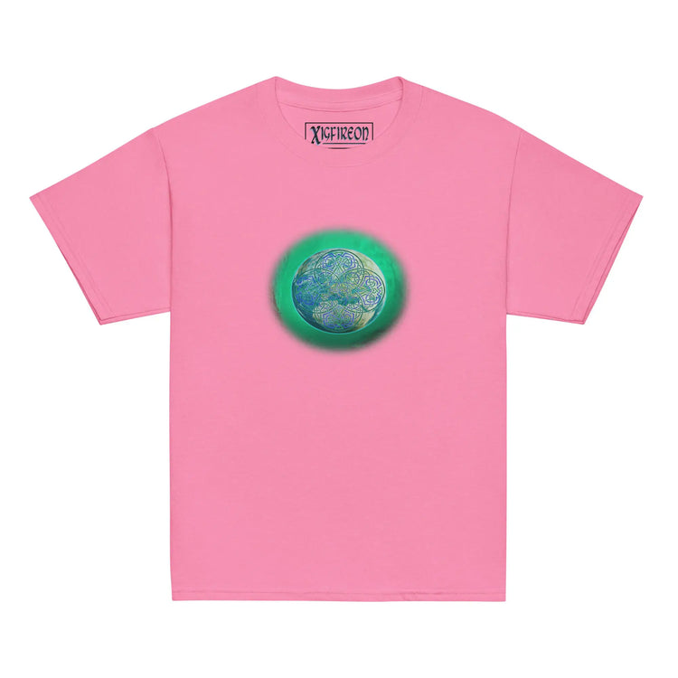 An azalea pink Xigfireon kids graphic t-shirt featuring the Deep Forest iteration of the `Reach Of The Spirit` Celtic knot design. The `Reach Of The Spirit` Celtic knot symbolizes Mother Earth.