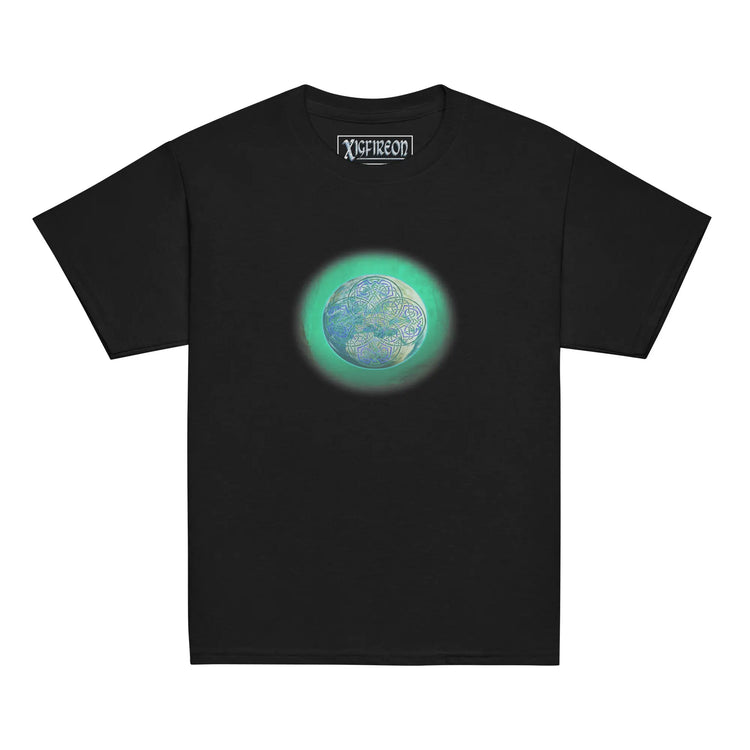 A black Xigfireon kids graphic t-shirt featuring the Deep Forest iteration of the `Reach Of The Spirit` Celtic knot design. The `Reach Of The Spirit` Celtic knot symbolizes Mother Earth.