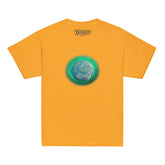 A gold Xigfireon kids graphic t-shirt featuring the Deep Forest iteration of the `Reach Of The Spirit` Celtic knot design. The `Reach Of The Spirit` Celtic knot symbolizes Mother Earth.