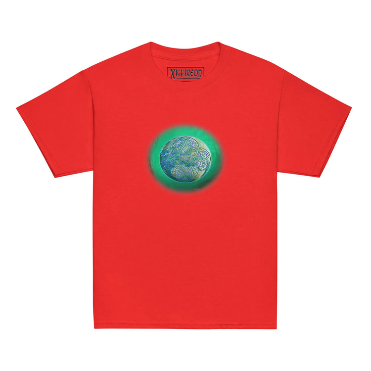 A red Xigfireon kids graphic t-shirt featuring the Deep Forest iteration of the `Reach Of The Spirit` Celtic knot design. The `Reach Of The Spirit` Celtic knot symbolizes Mother Earth.