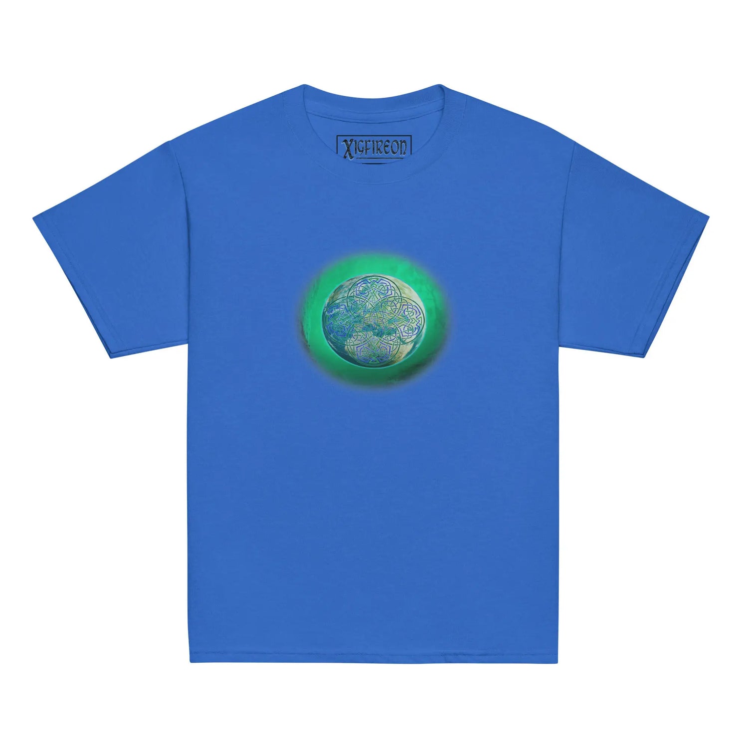 A royal blue Xigfireon kids graphic t-shirt featuring the Deep Forest iteration of the `Reach Of The Spirit` Celtic knot design. The `Reach Of The Spirit` Celtic knot symbolizes Mother Earth.