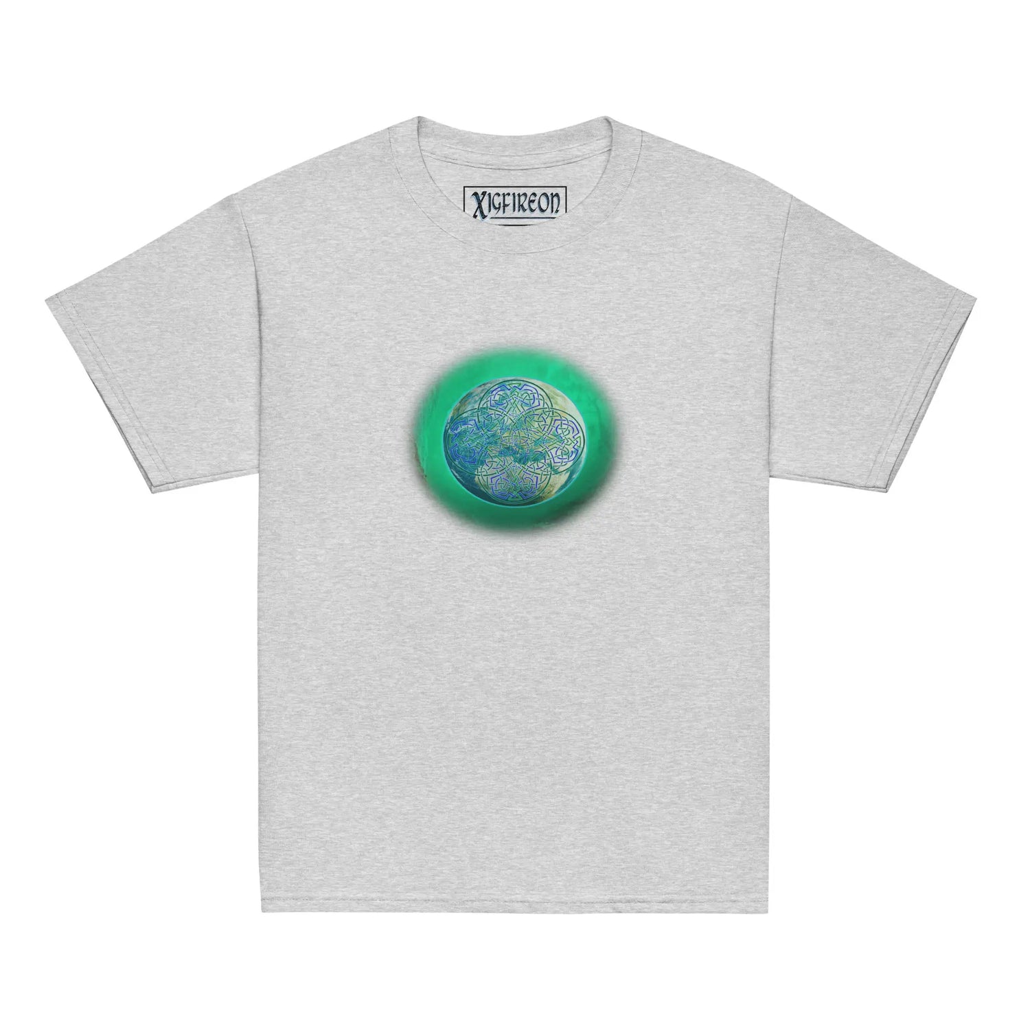 A sport grey Xigfireon kids graphic t-shirt featuring the Deep Forest iteration of the `Reach Of The Spirit` Celtic knot design. The `Reach Of The Spirit` Celtic knot symbolizes Mother Earth.