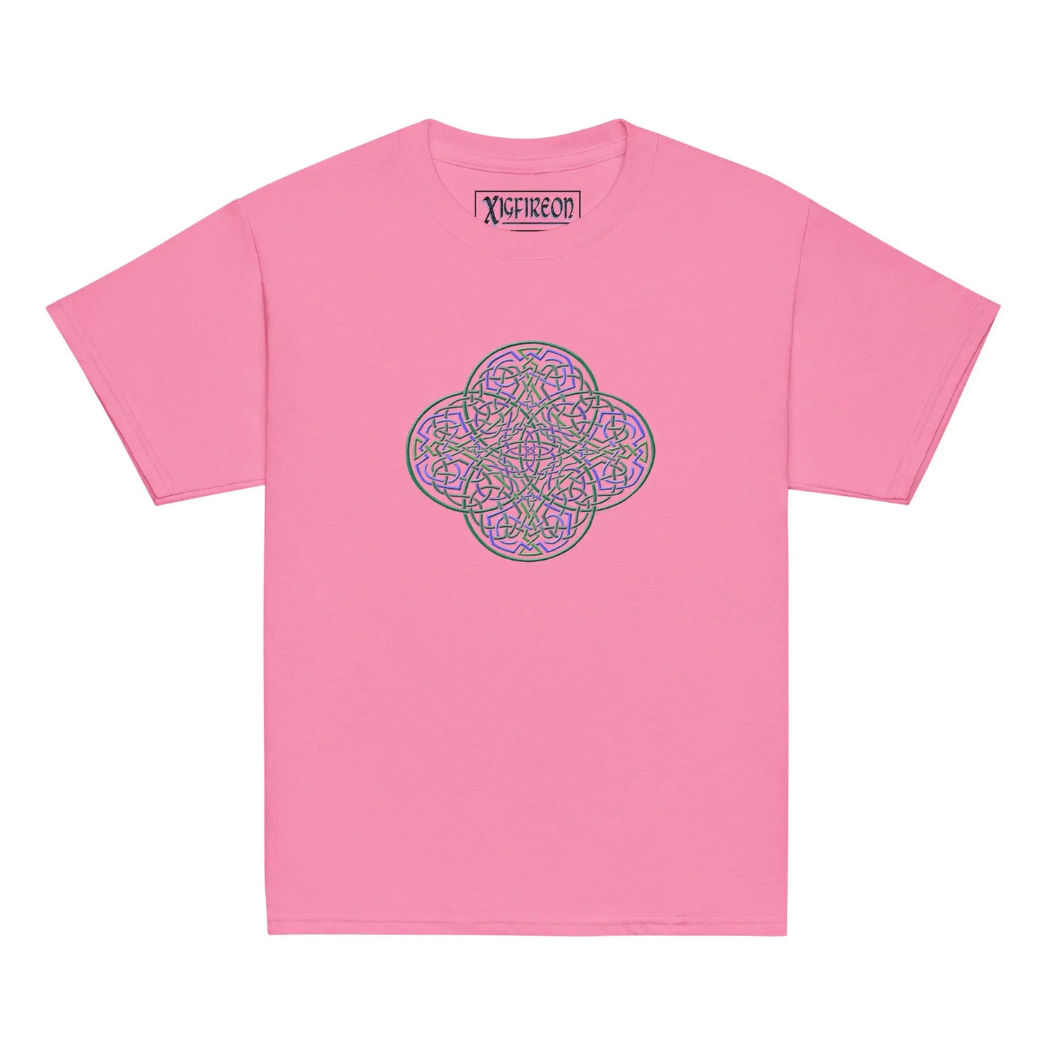 An azalea pink Xigfireon kids graphic t-shirt featuring the Living Colour iteration of the `Reach Of The Spirit` Celtic knot design. The `Reach Of The Spirit` Celtic knot symbolizes Mother Earth.