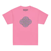 An azalea pink Xigfireon kids graphic t-shirt featuring the Living Colour iteration of the `Reach Of The Spirit` Celtic knot design. The `Reach Of The Spirit` Celtic knot symbolizes Mother Earth.