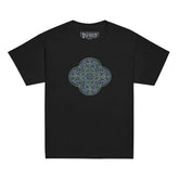 A black Xigfireon kids graphic t-shirt featuring the Living Colour iteration of the `Reach Of The Spirit` Celtic knot design. The `Reach Of The Spirit` Celtic knot symbolizes Mother Earth.