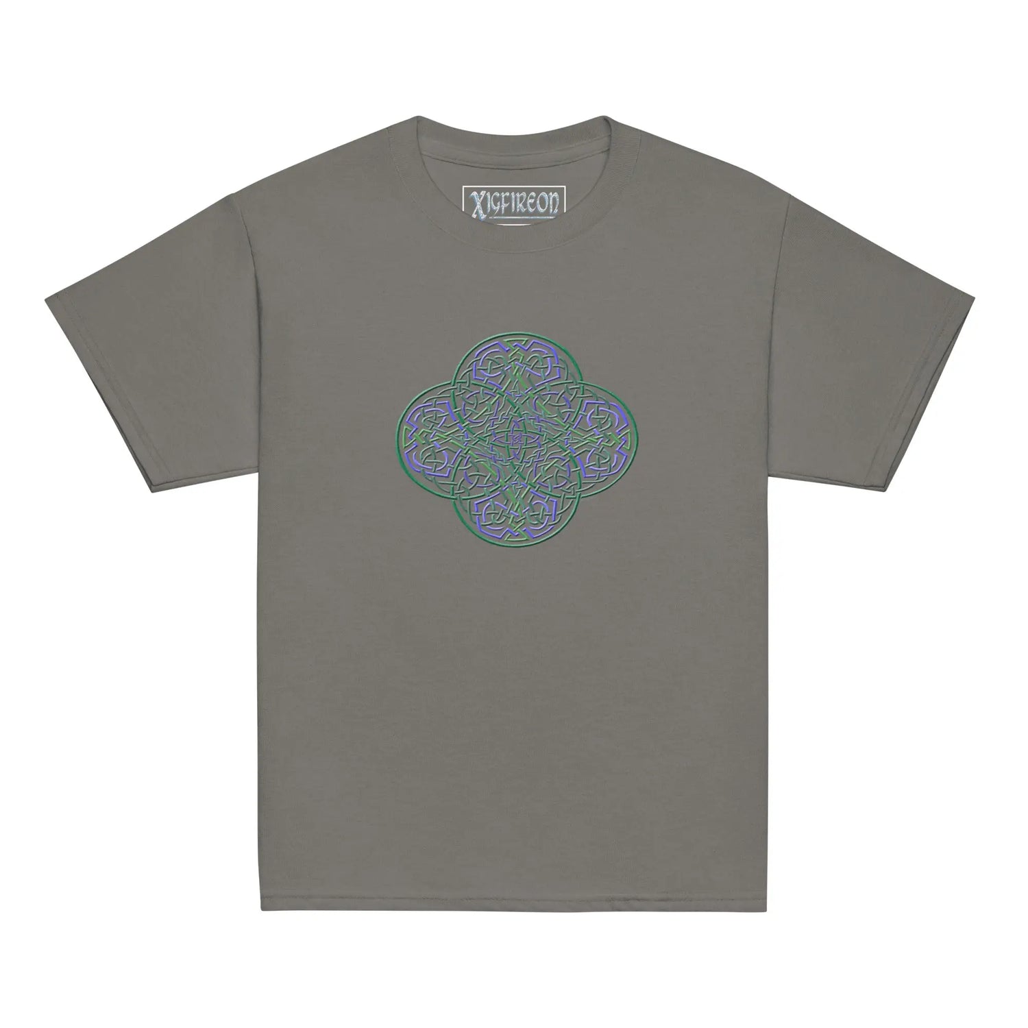 A charcoal grey Xigfireon kids graphic t-shirt featuring the Living Colour iteration of the `Reach Of The Spirit` Celtic knot design. The `Reach Of The Spirit` Celtic knot symbolizes Mother Earth.