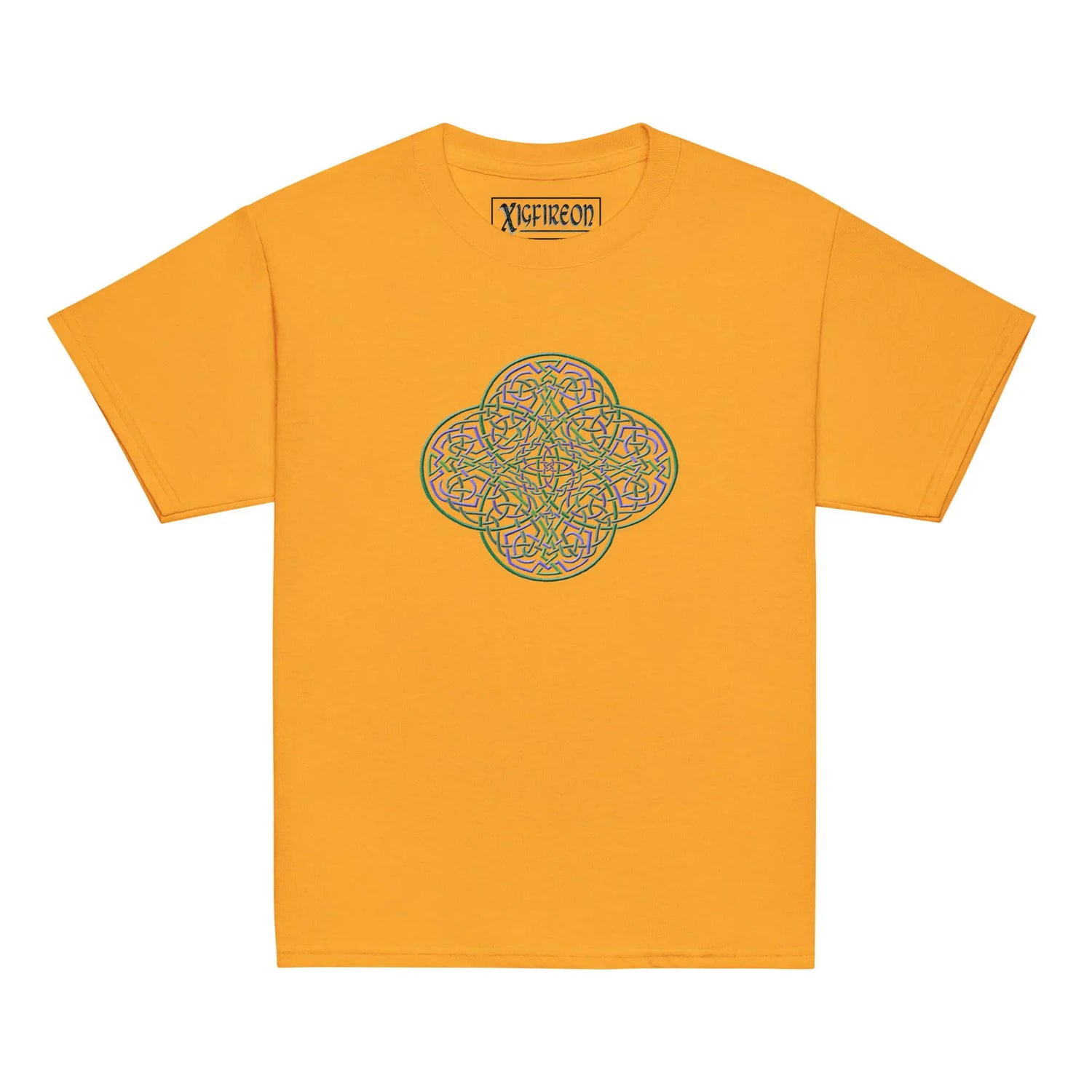 A gold Xigfireon kids graphic t-shirt featuring the Living Colour iteration of the `Reach Of The Spirit` Celtic knot design. The `Reach Of The Spirit` Celtic knot symbolizes Mother Earth.