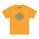 A gold Xigfireon kids graphic t-shirt featuring the Living Colour iteration of the `Reach Of The Spirit` Celtic knot design. The `Reach Of The Spirit` Celtic knot symbolizes Mother Earth.