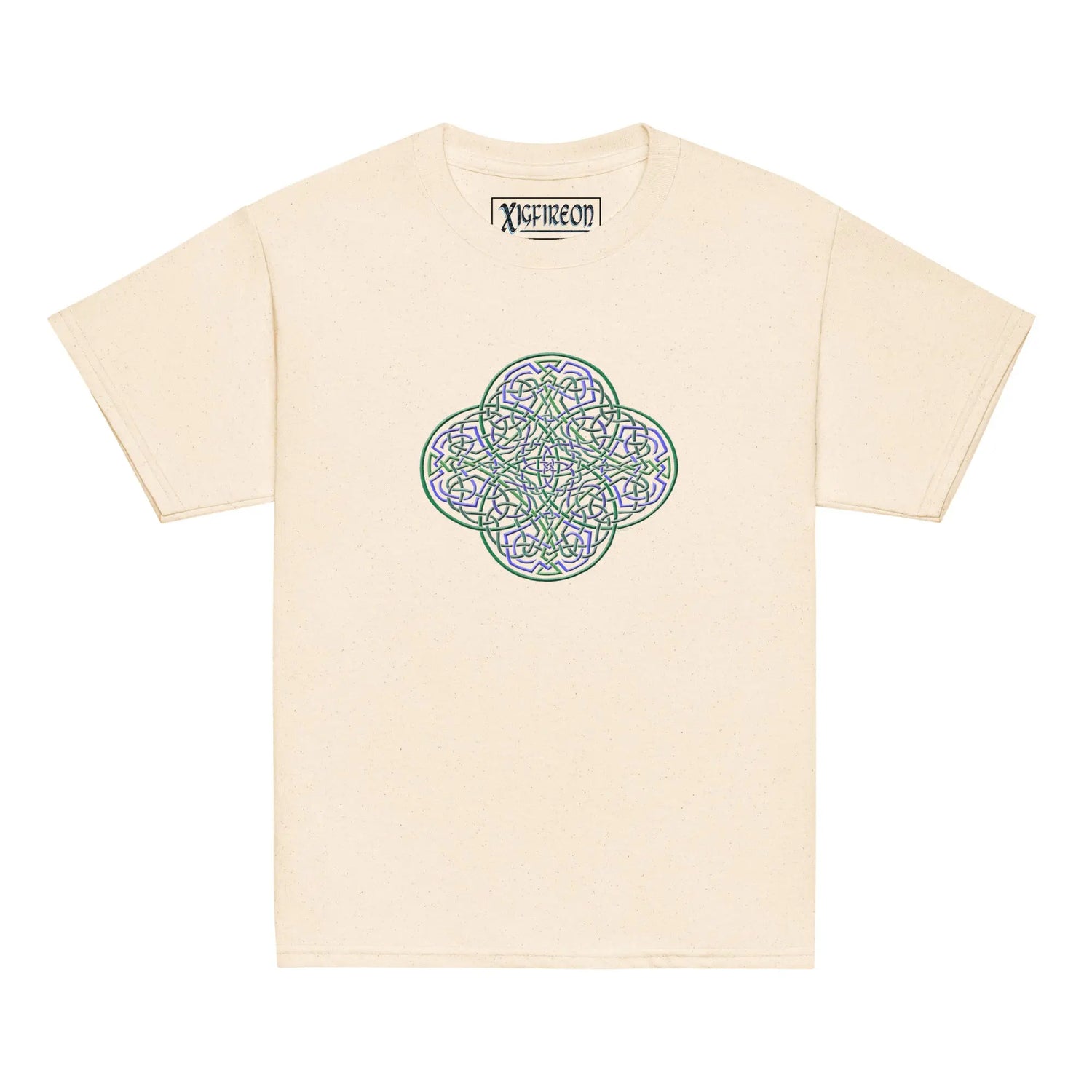 A natural Xigfireon kids graphic t-shirt featuring the Living Colour iteration of the `Reach Of The Spirit` Celtic knot design. The `Reach Of The Spirit` Celtic knot symbolizes Mother Earth.