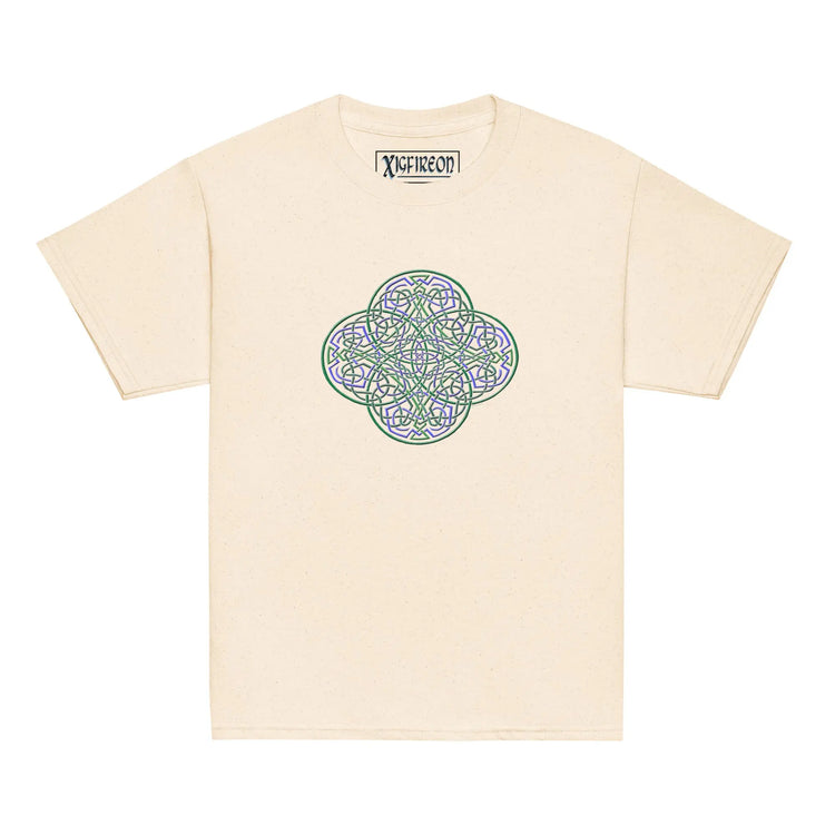 A natural Xigfireon kids graphic t-shirt featuring the Living Colour iteration of the `Reach Of The Spirit` Celtic knot design. The `Reach Of The Spirit` Celtic knot symbolizes Mother Earth.