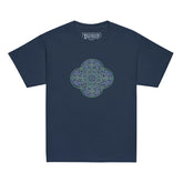 A navy blue Xigfireon kids graphic t-shirt featuring the Living Colour iteration of the `Reach Of The Spirit` Celtic knot design. The `Reach Of The Spirit` Celtic knot symbolizes Mother Earth.