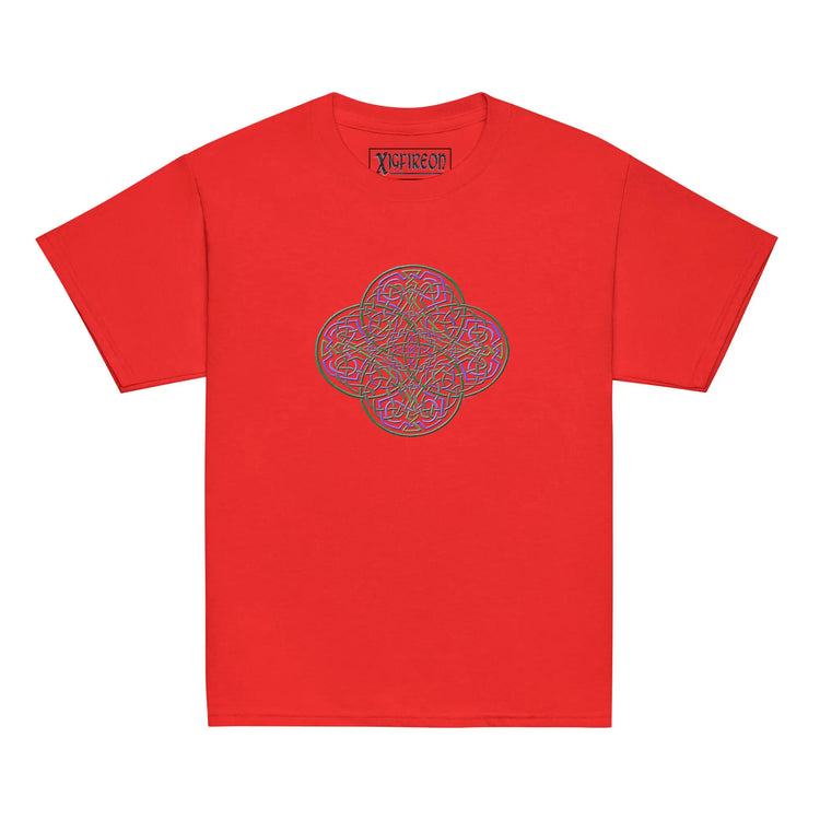 A red Xigfireon kids graphic t-shirt featuring the Living Colour iteration of the `Reach Of The Spirit` Celtic knot design. The `Reach Of The Spirit` Celtic knot symbolizes Mother Earth.