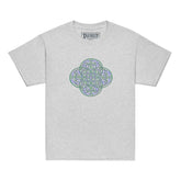 A sport grey Xigfireon kids graphic t-shirt featuring the Living Colour iteration of the `Reach Of The Spirit` Celtic knot design. The `Reach Of The Spirit` Celtic knot symbolizes Mother Earth.