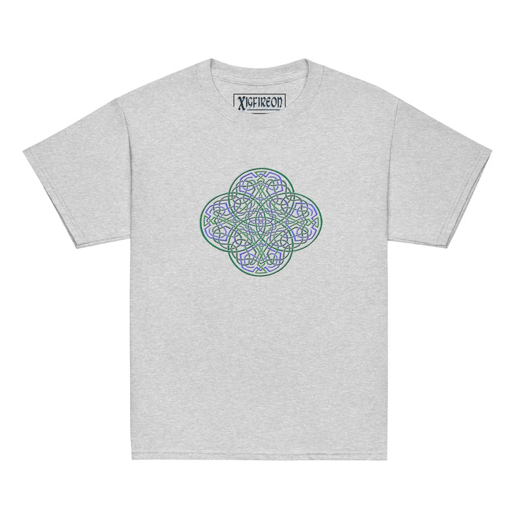 A sport grey Xigfireon kids graphic t-shirt featuring the Living Colour iteration of the `Reach Of The Spirit` Celtic knot design. The `Reach Of The Spirit` Celtic knot symbolizes Mother Earth.