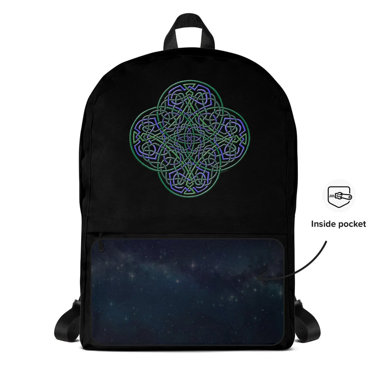 A view of the back of a Xigfireon backpack featuring the Living Colour iteration of the `Reach Of The Spirit` Celtic knot design. A simple graphic and arrow indicate the location of the inside pocket.