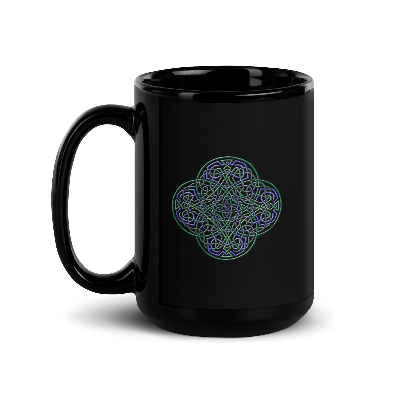 A Xigfireon black ceramic 15oz mug featuring the Living Colour iteration of the `Reach Of The Spirit` Celtic knot design. This Celtic knot symbolizes Mother Earth.