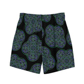 The back side of a pair of Xigfireon graphic swim trunks featuring the Living Colour Black patterned series of the `Reach Of The Spirit` Celtic knot design.