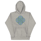 A carbon grey Xigfireon graphic hoodie featuring the Living Colour Flat iteration of the `Reach Of The Spirit` Celtic knot design. The `Reach Of The Spirit` Celtic knot represents the Earth.