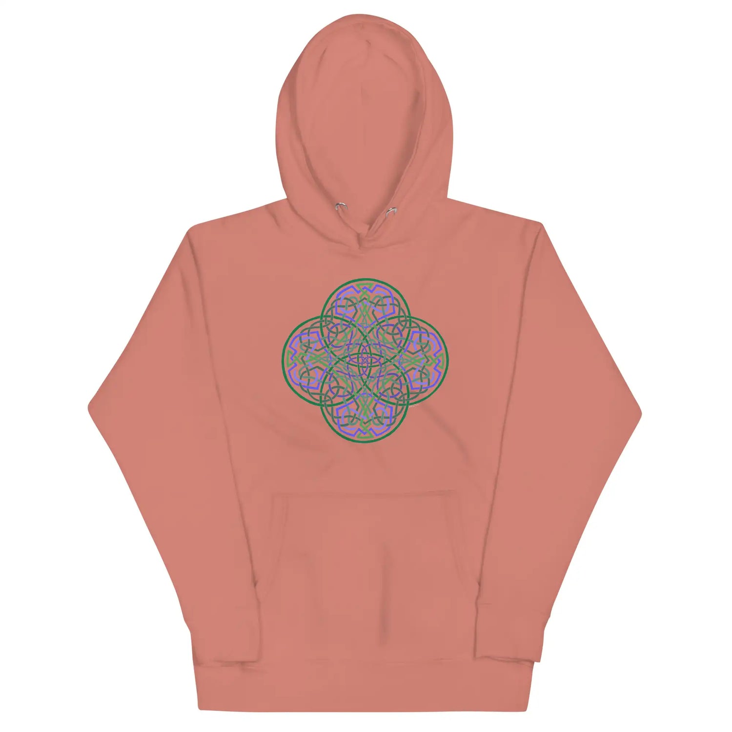 A dusty rose Xigfireon graphic hoodie featuring the Living Colour Flat iteration of the `Reach Of The Spirit` Celtic knot design. The `Reach Of The Spirit` Celtic knot represents the Earth.