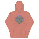 A dusty rose Xigfireon graphic hoodie featuring the Living Colour Flat iteration of the `Reach Of The Spirit` Celtic knot design. The `Reach Of The Spirit` Celtic knot represents the Earth.