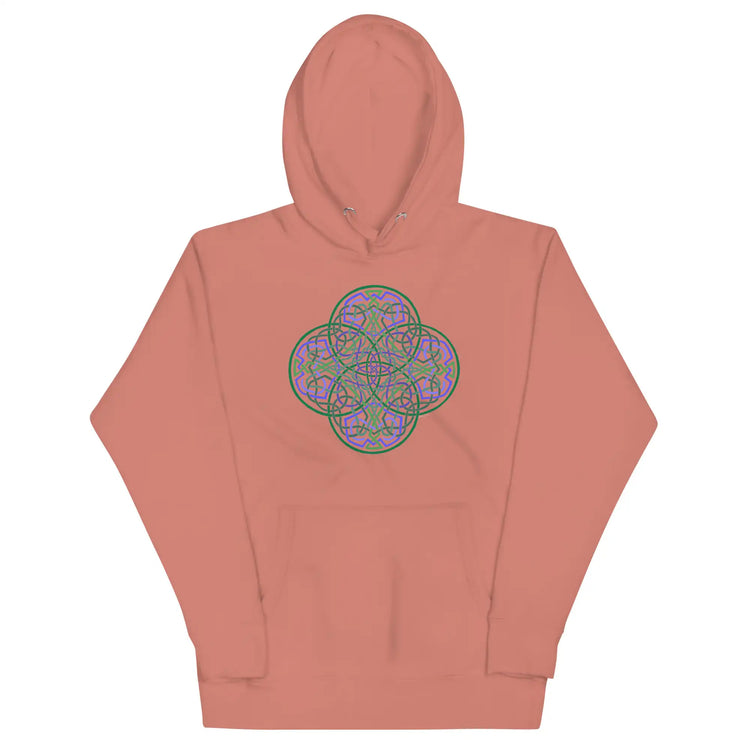 A dusty rose Xigfireon graphic hoodie featuring the Living Colour Flat iteration of the `Reach Of The Spirit` Celtic knot design. The `Reach Of The Spirit` Celtic knot represents the Earth.