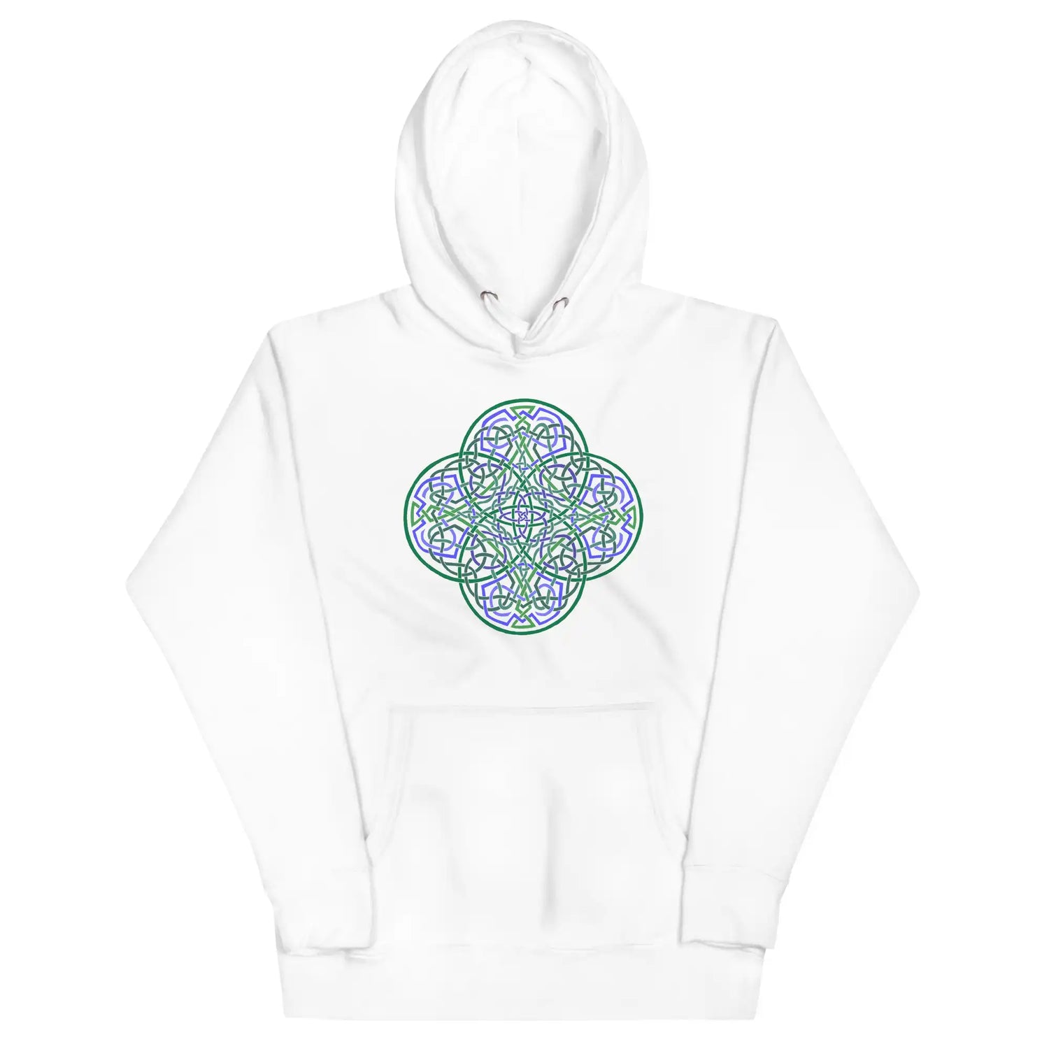 A white Xigfireon graphic hoodie featuring the Living Colour Flat iteration of the `Reach Of The Spirit` Celtic knot design. The `Reach Of The Spirit` Celtic knot represents the Earth.