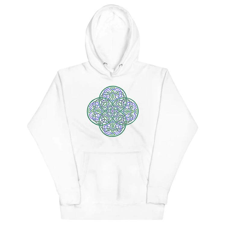 A white Xigfireon graphic hoodie featuring the Living Colour Flat iteration of the `Reach Of The Spirit` Celtic knot design. The `Reach Of The Spirit` Celtic knot represents the Earth.