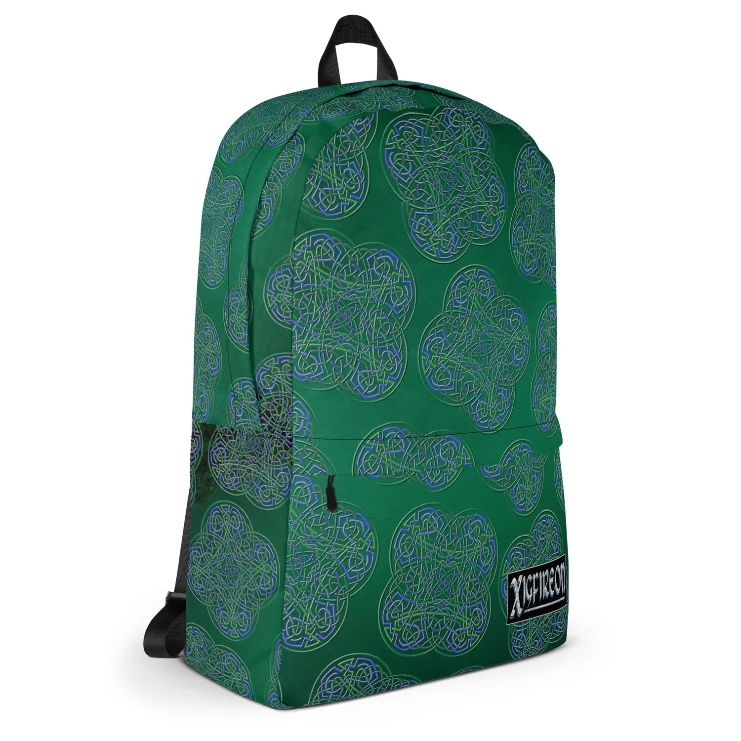 A Xigfireon backpack featuring the Living Colour Forest Inverted iteration of the `Reach Of The Spirit` Celtic knot pattern. The `Reach Of The Spirit` Celtic knot symbolizes Mother Earth.