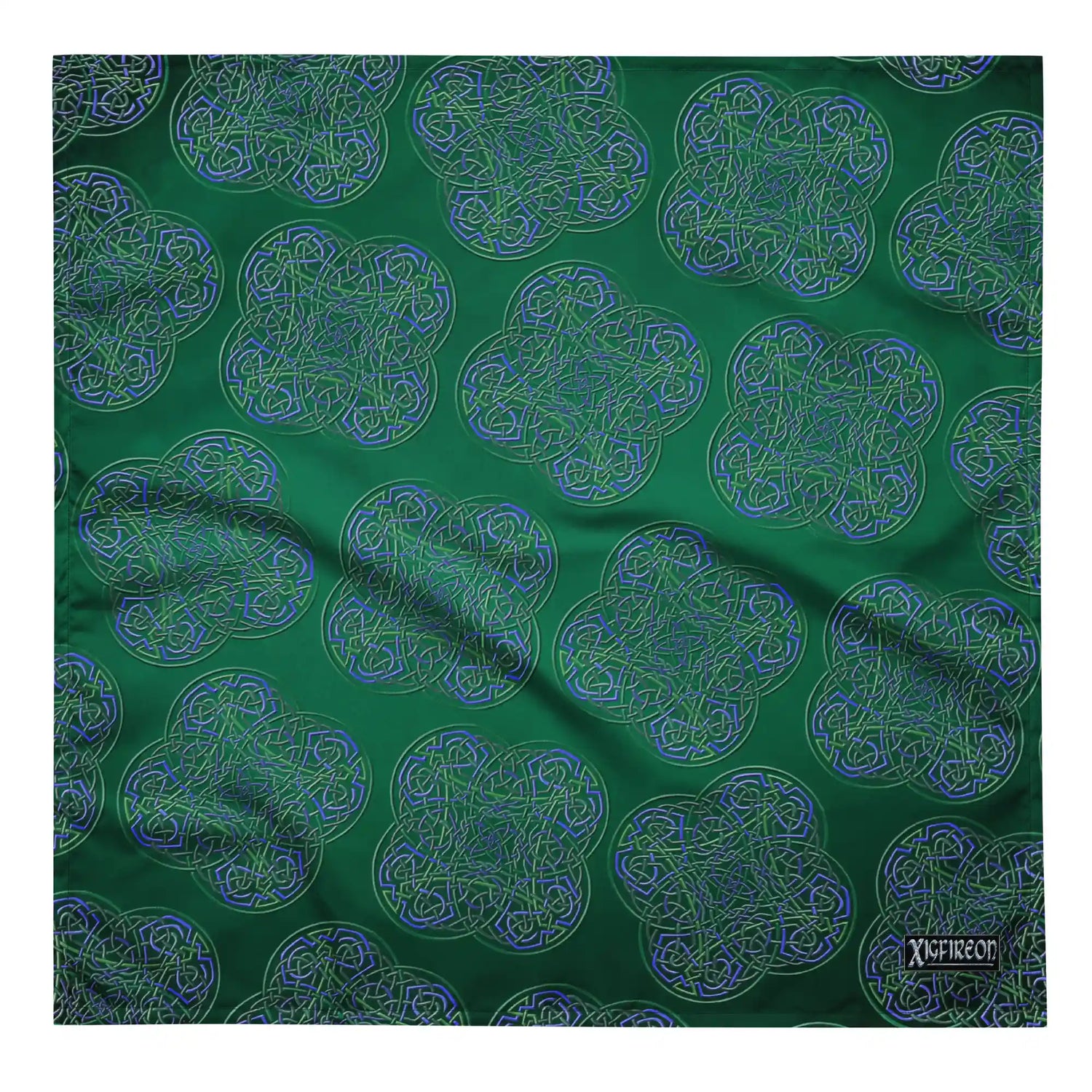 A Xigfireon bandana adorned with the  Living Colour Forest patterned series of the `Reach Of The Spirit` Celtic knot design.