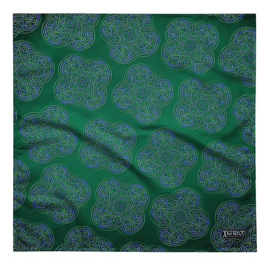 A Xigfireon bandana adorned with the  Living Colour Forest patterned series of the `Reach Of The Spirit` Celtic knot design.