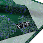 A close up view of the Xigfireon logo on a small sized (17.37 inch x 17.37 inch) `Reach Of The Spirit` Living Colour forest bandana.