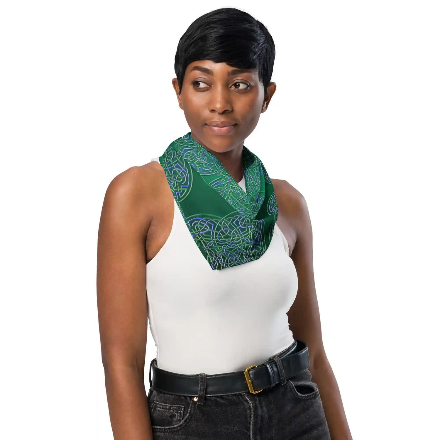 A young woman wearing a Xigfireon bandana adorned with the `Reach Of The Spirit` Living Colour Forest Celtic knot pattern.