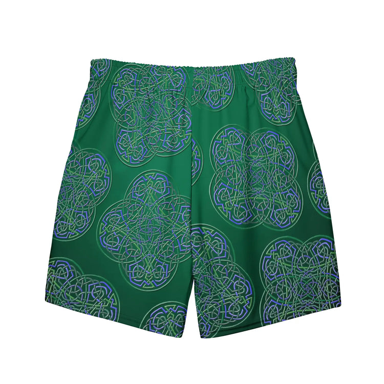 The back side of a pair of Xigfireon graphic swim trunks featuring the Living Colour Forest patterned series of the `Reach Of The Spirit` Celtic knot design.