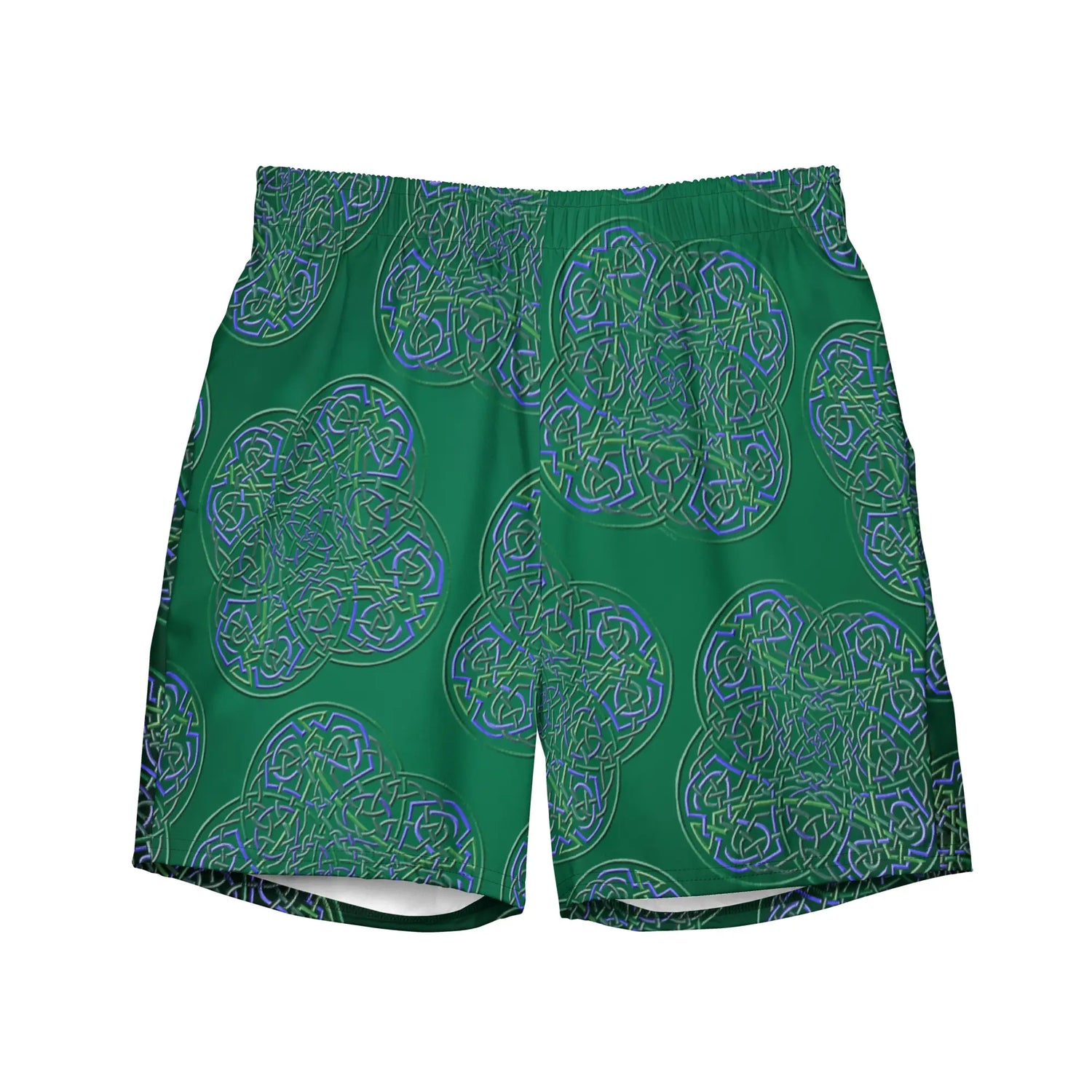 The front side of a pair of Xigfireon graphic swim trunks featuring the Living Colour Forest patterned series of the `Reach Of The Spirit` Celtic knot design.