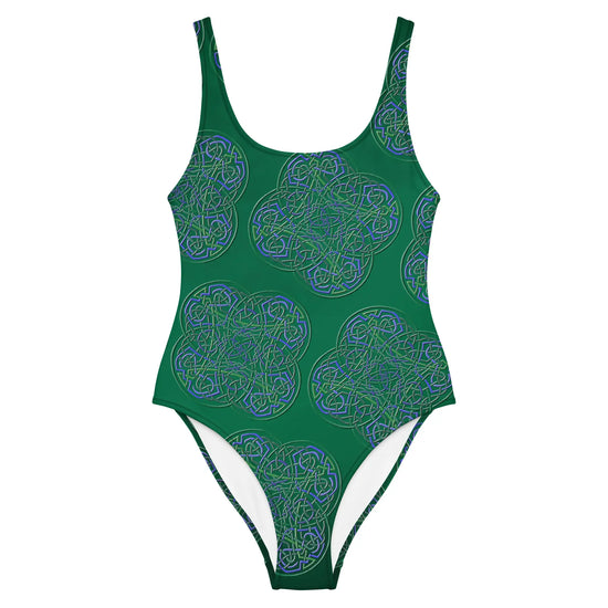 The front side of a Xigfireon graphic swimsuit featuring the Living Colour Forest patterned series of the `Reach Of The Spirit` Celtic knot design.